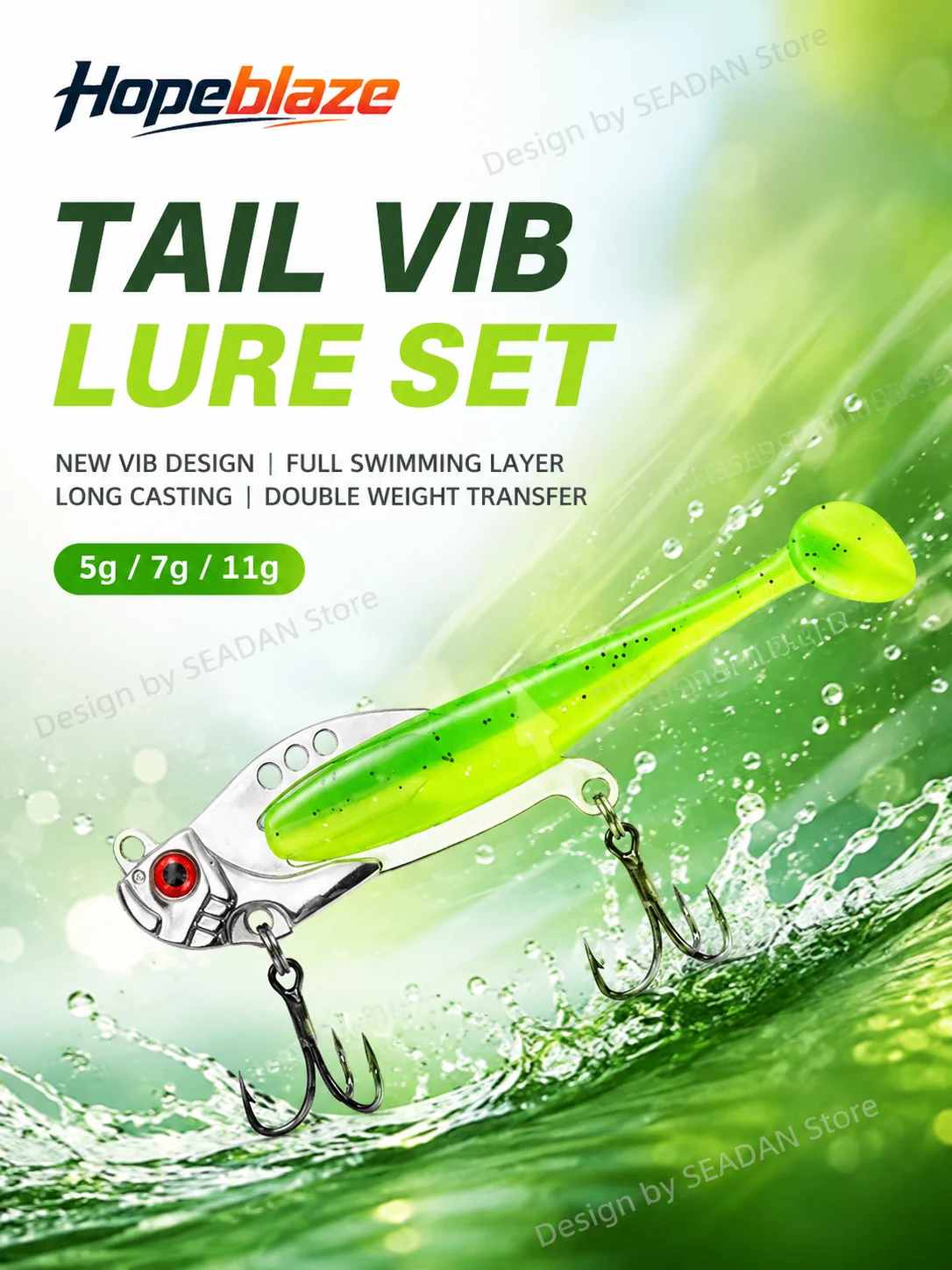 Hopeblaze T-Tail VIB Fishing Lure Dual Vibration System Removable Soft Tail 3 Holes Modes for Bass Pike Walleye Perch Trout