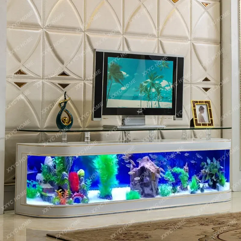 Creative Fish Tank TV Cabinet Ecological Change Water Fish Globe Glass Bar Home Living Room Coffee Table against  Wall Aquarium