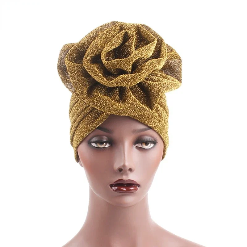 Feminino nova bela flor turbante brilhante elástico pano cabeça boné muçulmano índia chapéu moda cor sólida headwear acessórios