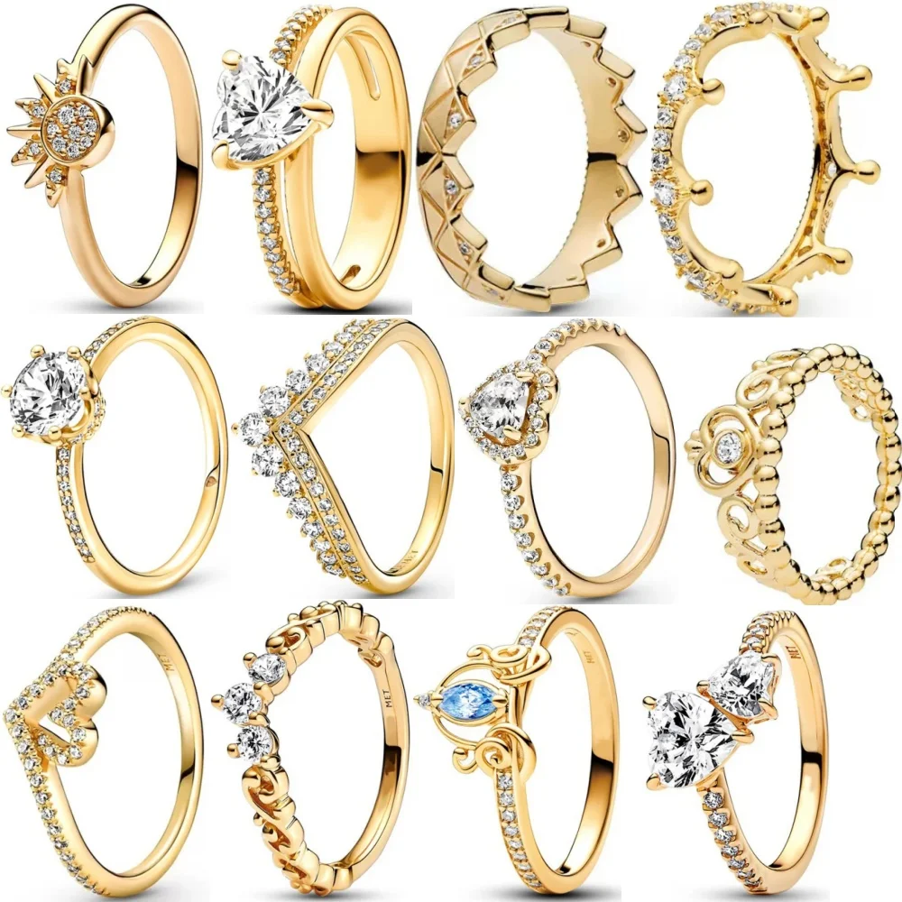 2025 nuevo encanto circón brillo princesa corona amor corazón anillos Original Pan anillo joyería exquisita para mujeres DIY regalo de San Valentín