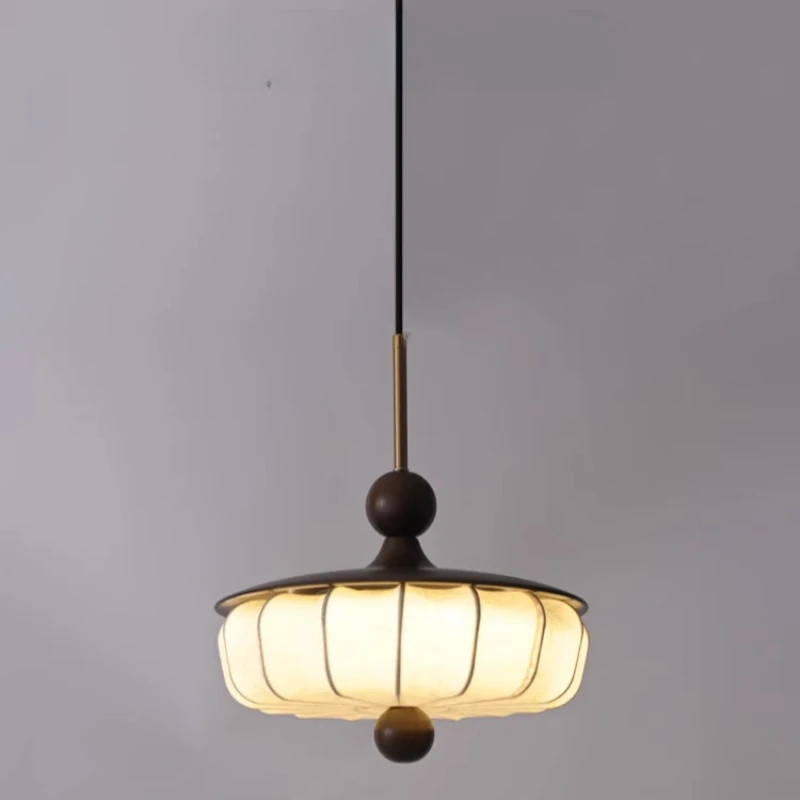 French Retro Printing Fabric LED Pendant Lights Rotundity Wooden Hanging Lamp Living Broom Bedroom Kitchen Restaurant Chandelier