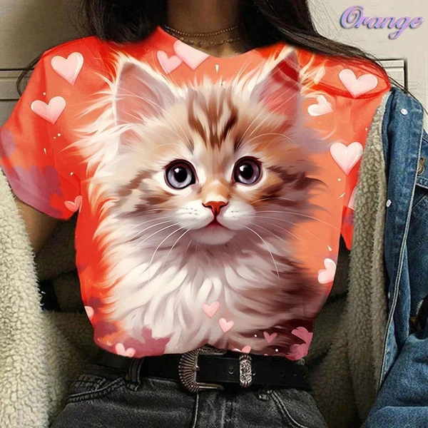 New Cute Cat 3D Printing Women's Round Neck Short-sleeved Shirt T-shirt Summer Novel and Interesting Casual Blouse Tops