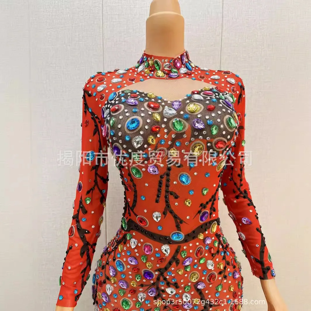 Magic Design Bright Rhinestones DJ Reception Glam Jumpsuit Female Singer Night Party Performance Red Vines Abendkleider Hochzeit