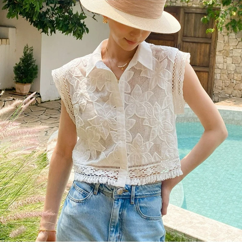 Chemisier court vintage bohème style français pour femme, broderie florale, ajouré, transparent, sexy, blanc, pour l'été