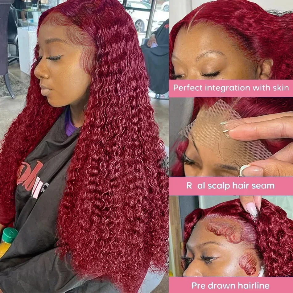 Luvin 99J Burgundy Deep Wave Frontal Wig Transparent 13x5 13x7 HD Lace Front Human Hair Curly Red Colored Lace Wigs For Women