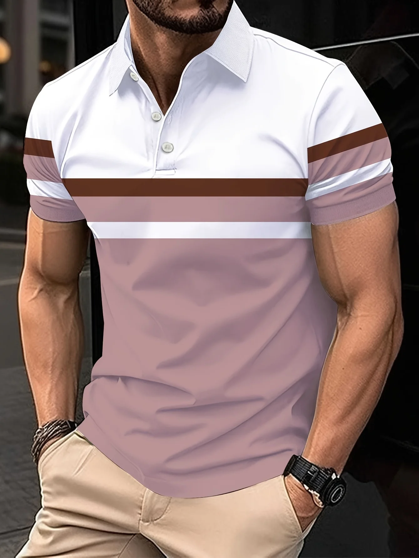 The 2025 summer new men's POLO shirt features a casual fashionable comfortable and breathable 3D striped pattern print