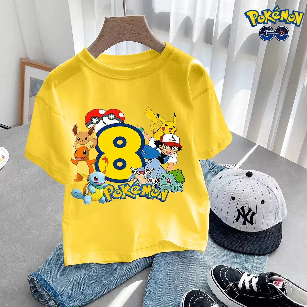 

Kawaii Digit 1-10 Short Sleeve Pikachu Birthday T-shirt PPokemons Summer Boys Clothes Kids Leisure Cotton Tees Children Top Gift