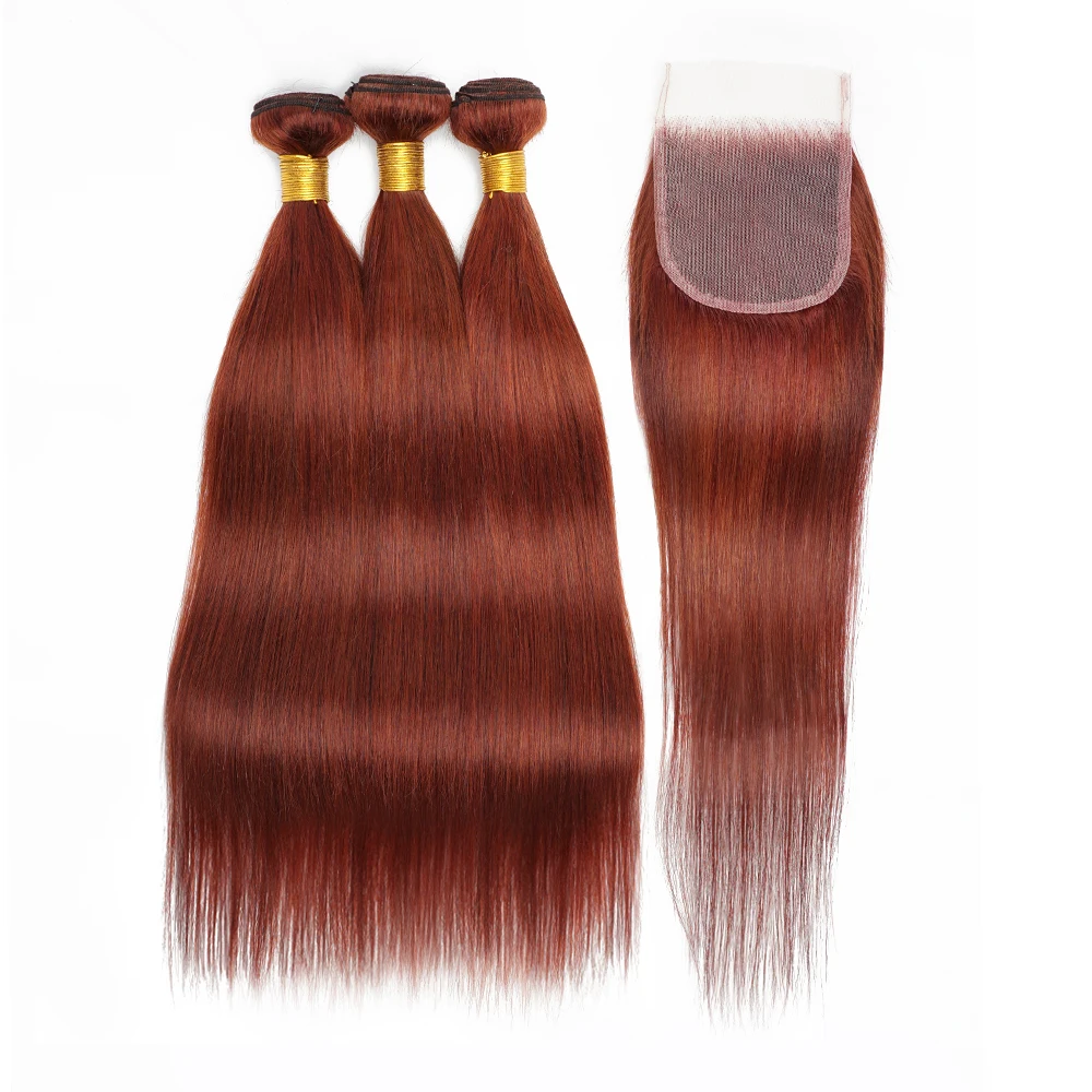 

Reddish Brown Remy Human Hair 3/4 PCS Weave Bundles With 4x4 4x13 Transparent Lace Closure Frontal Color Brazilian Straight Hair