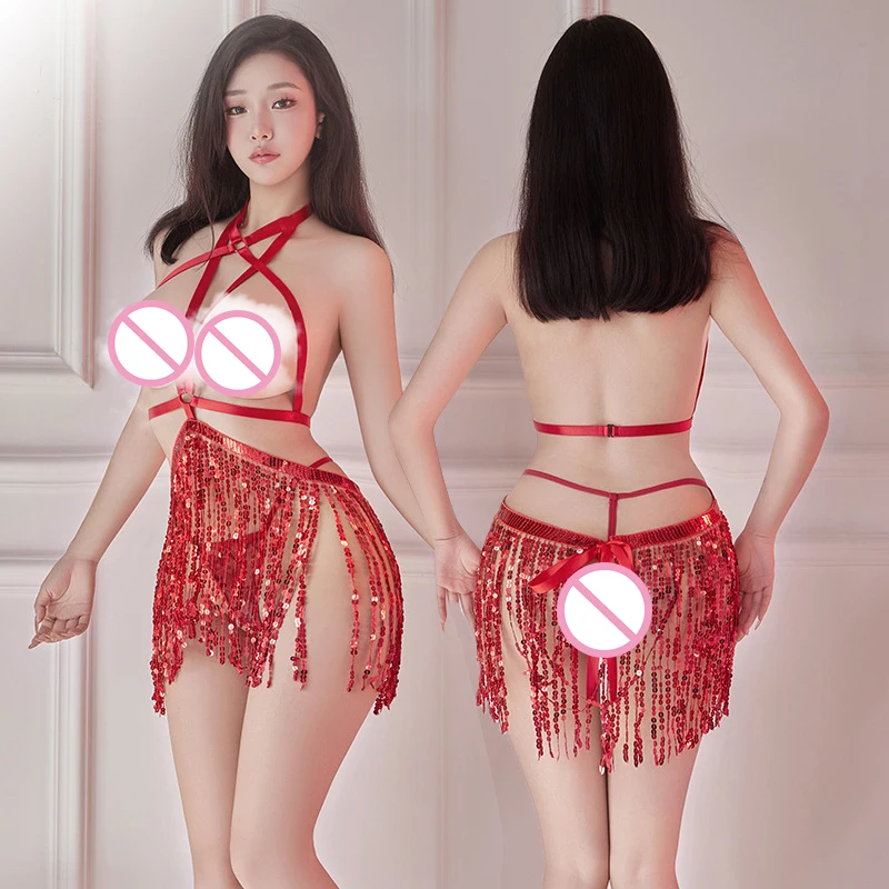 المثيرة الكبار بذلة مثير الترتر هامش تنورة زوجين ألعاب BDSM ملزمة حبل فستان عارية الصدر لعب الأدوار ارتداءها #1