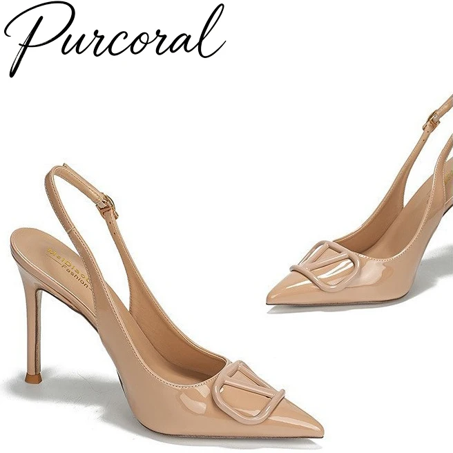 

Women Patent Leather Slingback Pumps Metal V Buckle Pointed Toe Thin Stiletto High Heels Slip On Shoes Random Free Gift