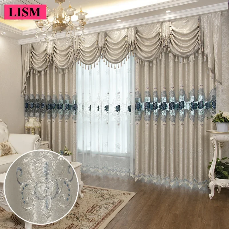 

European Luxury Hollow Embroidery Curtain for Living Room Bedroom Blackout Elegant Decor Gray Lace Valance Custom Jacquard Tulle