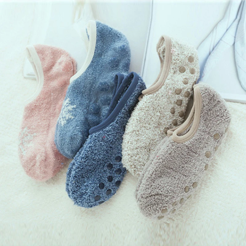 1Pairs Floor Boat Socks for Women Men Winter Warm Cotton Plush Breathable Non-Slip Socks Solid Short Socks Slippers Indoor