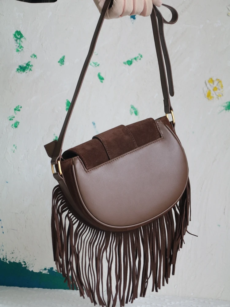 Fashion Unique Casual Tassel Women Bag\\Handbag Frosted Genuine Leather Lady Tote Real Leather Shoulder Crossbody Phone Bag New