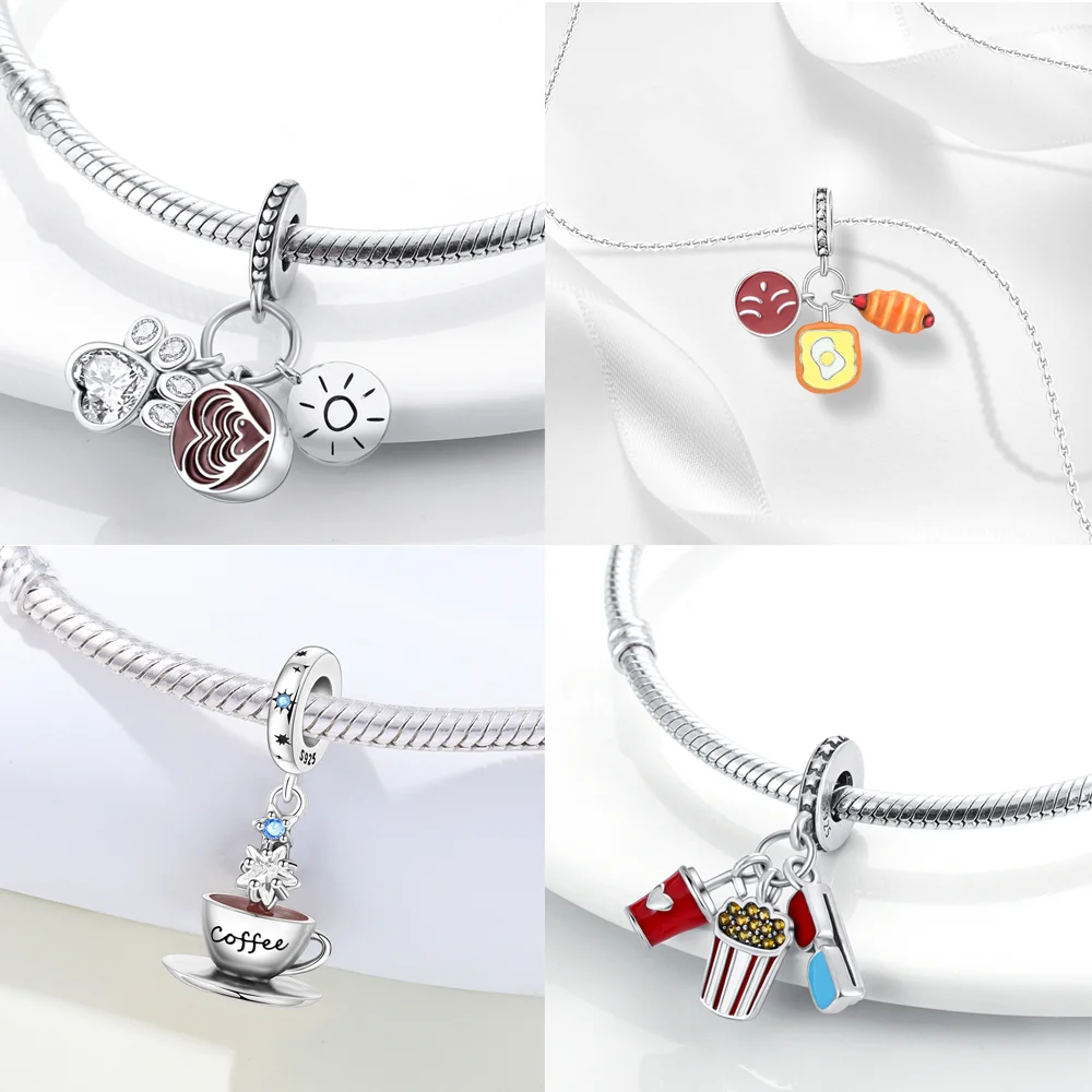 Original Silver Charms Beads Fit Bracelets Bag Keychain Charms Diy Women Gift Accessory Coffee Tea Cup Food Pattern Ornaments