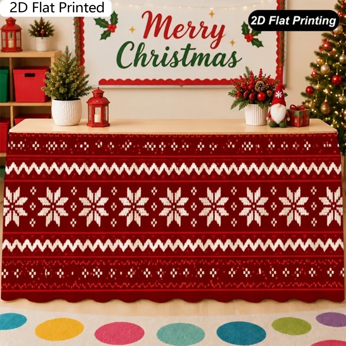 1. PC table skirt tablecloth 2D plane printing  Christmas table cover with snowflake pattern