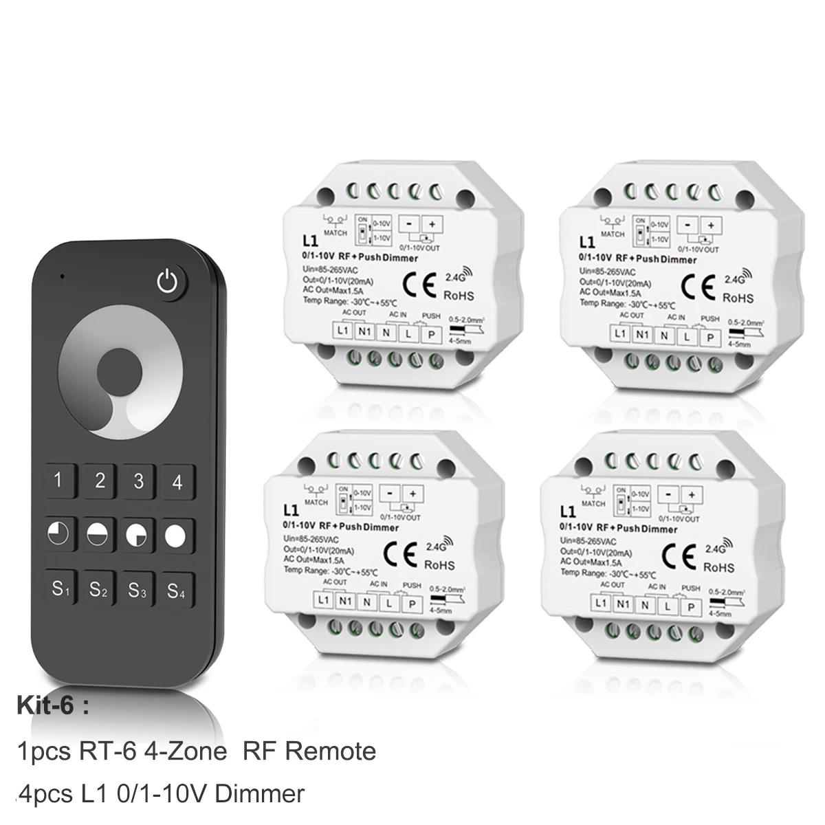 0-10V 1-10V LED Wireless RF Dimmer Push Switch + 2.4G RF 4-Zone Touch dimming Remote Controller AC85V-220V for Single Color LED