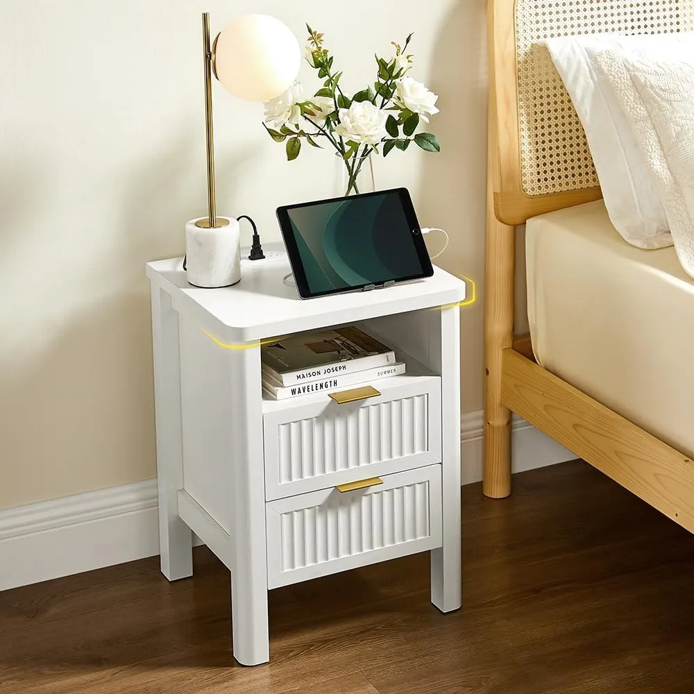 23" Modern Fluted Night Stand, 2 Drawer Charging Station, Curved Design Nightstand Set of 2, White - view 2