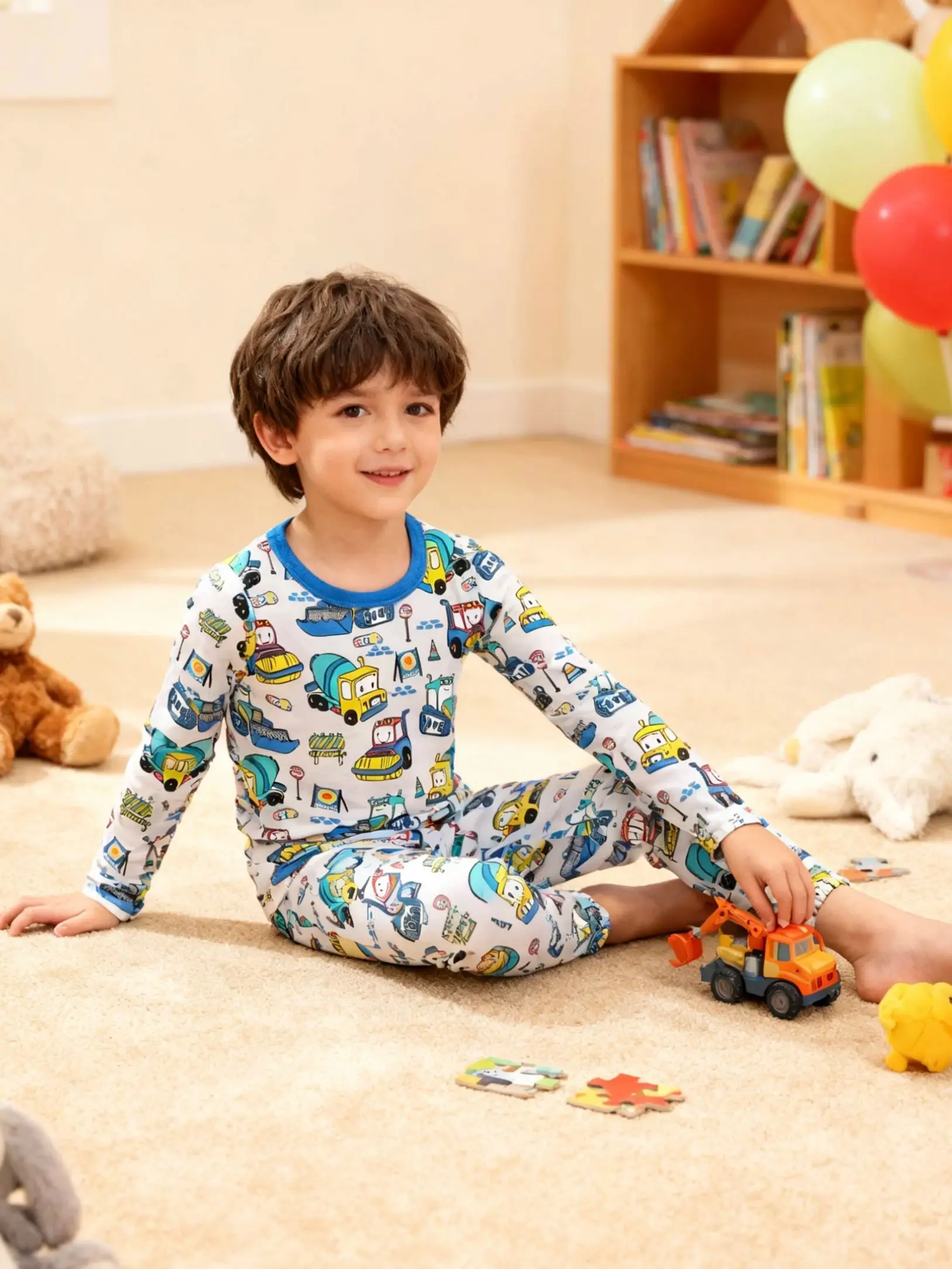 Pyjama-Set für Jungen mit Cartoon-Motiv, 100 % Baumwolle, 2-teilig, Loungewear, langärmlig, elastische Bündchen, weiche Nachtwäsche für Kinder von 1–8 Jahren – Detail 2