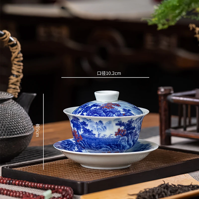 Real Chinese Retro Jingdezhen Gaiwan Blue and White Porcelain Landscape Painting Gaiwan Tea Making Ceramic Cup