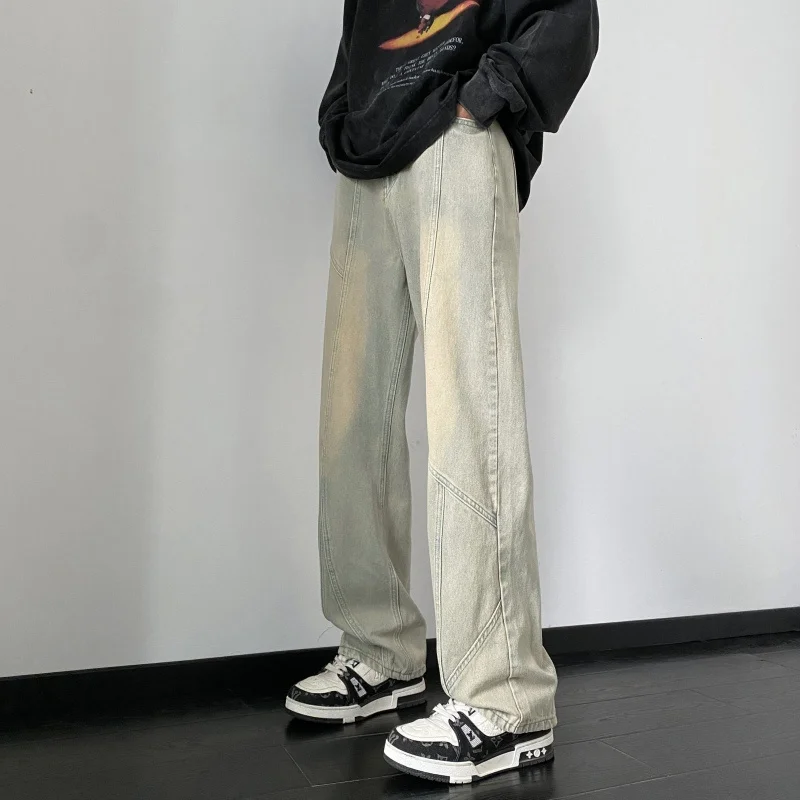 

Rustic Yellow Clay Men's Jeans American Retro Washed Casual Straight Leg Loose Fit Workwear Spring Autumn Trendy Long Pants