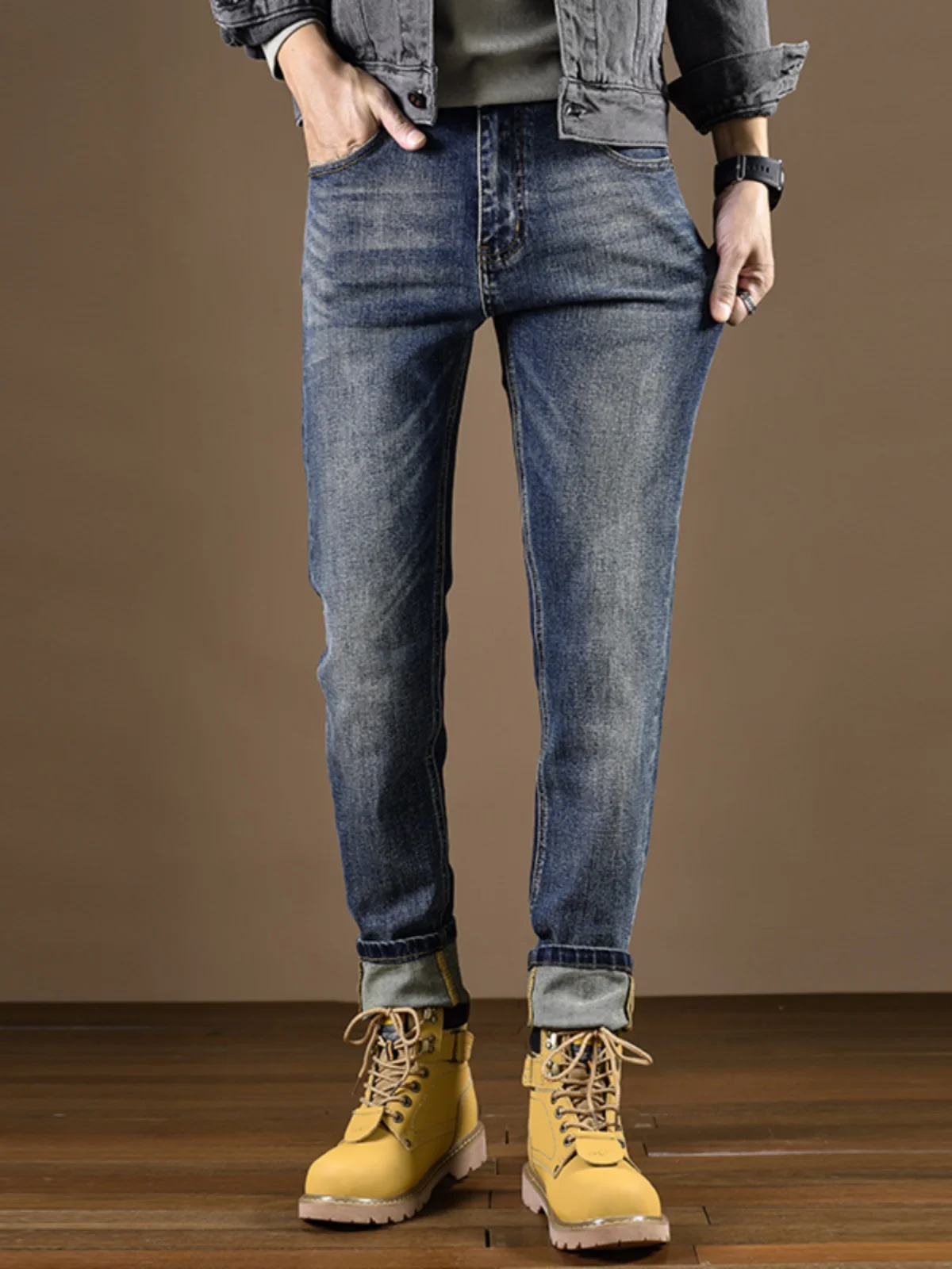 

Retro Faded Leather Printing Jeans Men's Slim Fit Straight Leg Casual Long Trousers Cotton Elastic Fabric Spring Autumn Wear