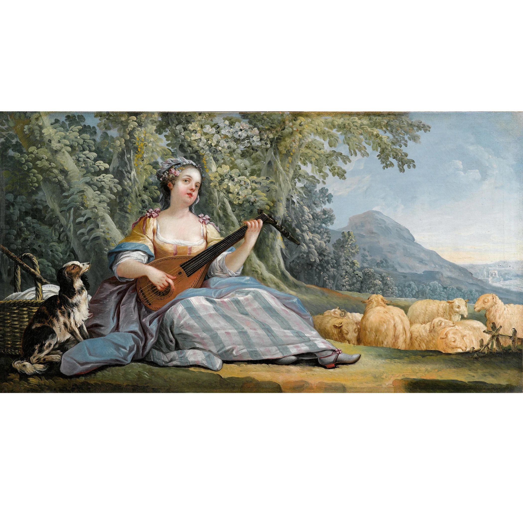 Jean-Baptiste Huet artworks,A shepherd girl playing the mandolin,Hand painted oil painting on canvas,Famous painting replica