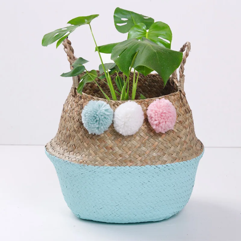 Ins Foldable Natural Seaweed Woven Straw Basket Storage Pot Garden Flower Vase Hanging Picnic Wicker Storage Basket Home Decor