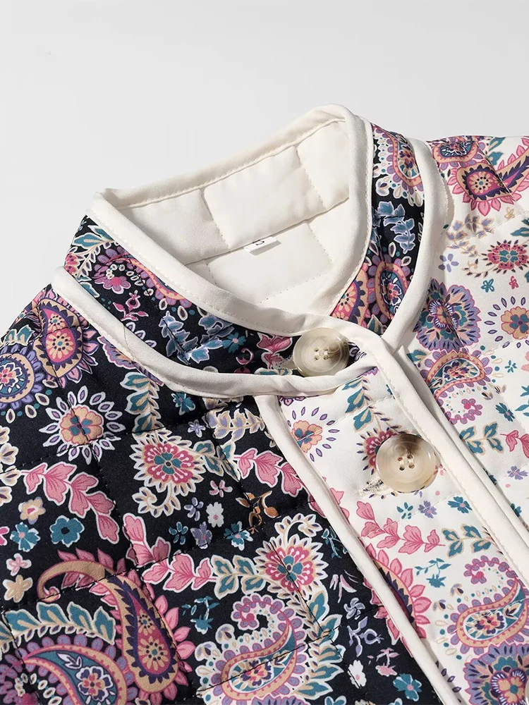 معطف نسائي جديد على الطراز الأوروبي متعدد الاستخدامات ومزاج نحيف مطبوع عليه زهور وأكمام طويلة وياقة واقفة معطف قطني مبطن