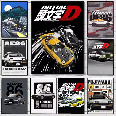 Anime Initial Drift Car AE86 TAKUMI Jdm Car Painting Calligraphy Canvas Poster: Crease Free Waterproof All Space Wall Decor