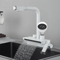 Pull Out  Bathroom Faucets White Rain Waterfall Kitchen Faucet Single Hole Temperature Digital Display Dish Washing Pool Tap