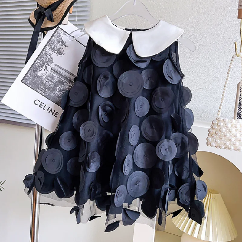 Girls Summer New Decal Fashion Mesh Black Dress Beach Party Show Fashion Flip Collar Color Block A-Line Dress for 1-8 Years