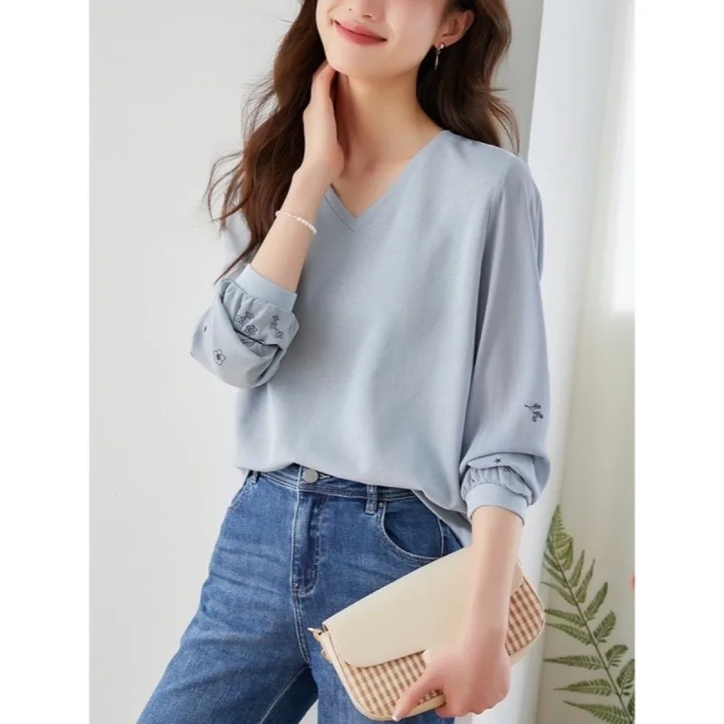 Femme Spring Autumn Korean Fashion Printing Solid Color V-neck Pullovers Women Clothing Elegant Simplicity Patchwork Long Sleeve