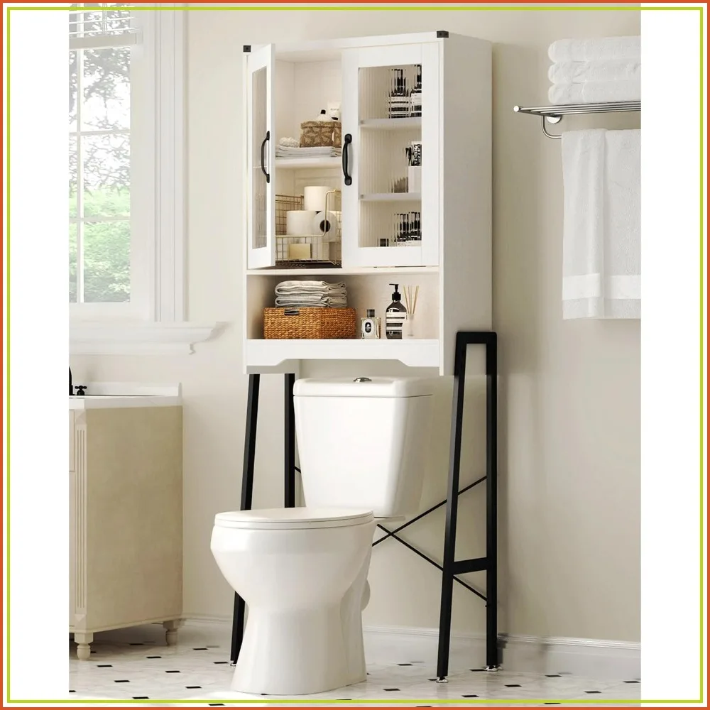 

Over Toilet Storage Cabinet with Tempered Glass Doors & Metal Stand, Space Saver for Bathroom, White