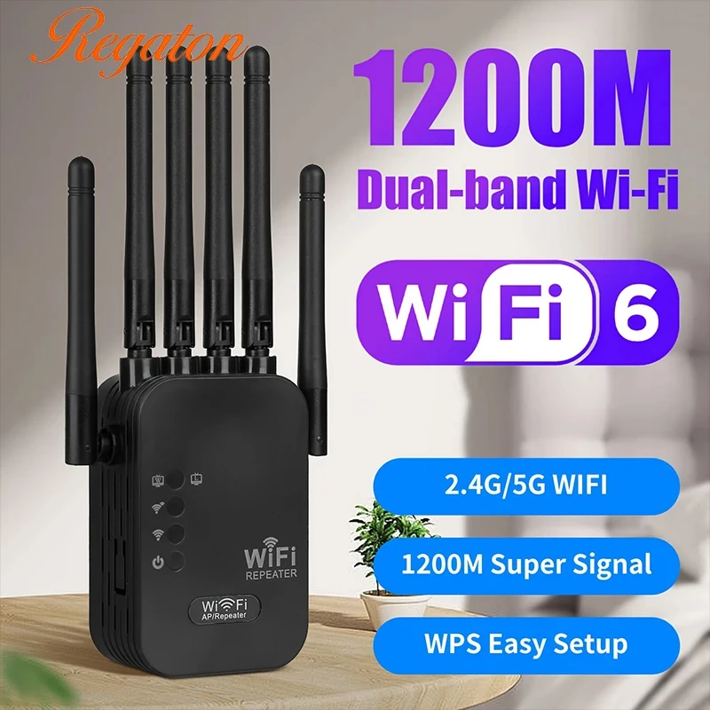 

Regaton Home Long Range WiFi Signal Amplifier 1200M 2.4G 5G Wireless Repeater 6 High‑Gain Antennas Network Coverage Extender