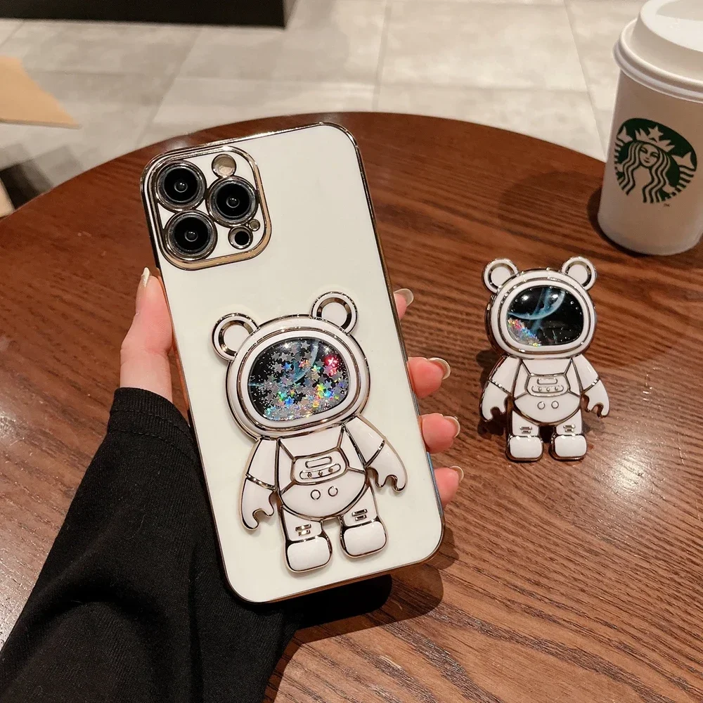 Liquid Quicksand Glitter Luxury Case for iPhone 16 Pro Max 15 14 16 Pro Max 11 12 13 Pro 15 16 Plus Astronaut Stand Holder Cover