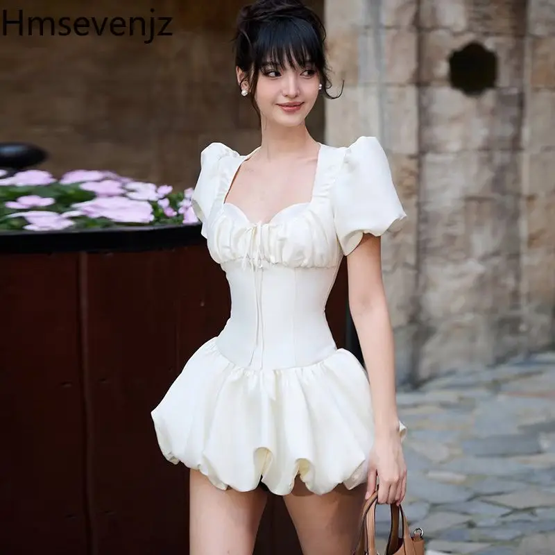 

Hmsevenjz French Style Square Collar Dress for Women's Summer Bubble Sleeve Slim Fit A-line Short Dress Fashion Female Clothes