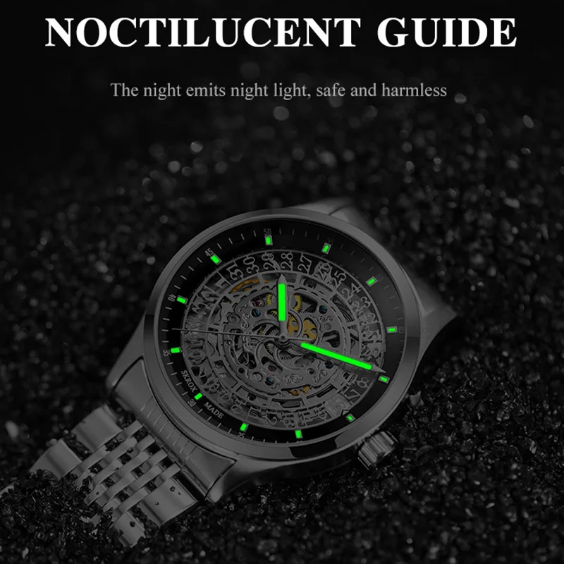 SKROX Factory Original Designer Luxury Man Watch Stainless Steel Skeleton Automatic Movement Mechanical Waterproof Calendar Male
