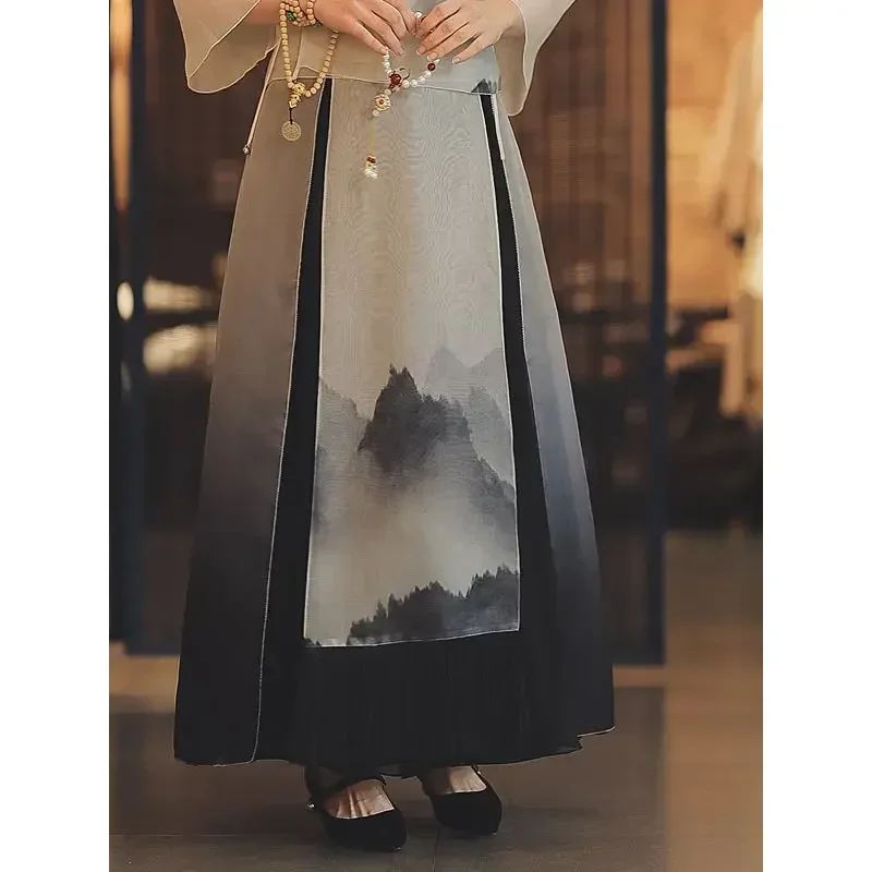 Lato elegancka czarny tusz malowane szwy spódnica twarz konia Vêtements tradycyjne Chinois Femme Vintage Casual spódnica Hanfu