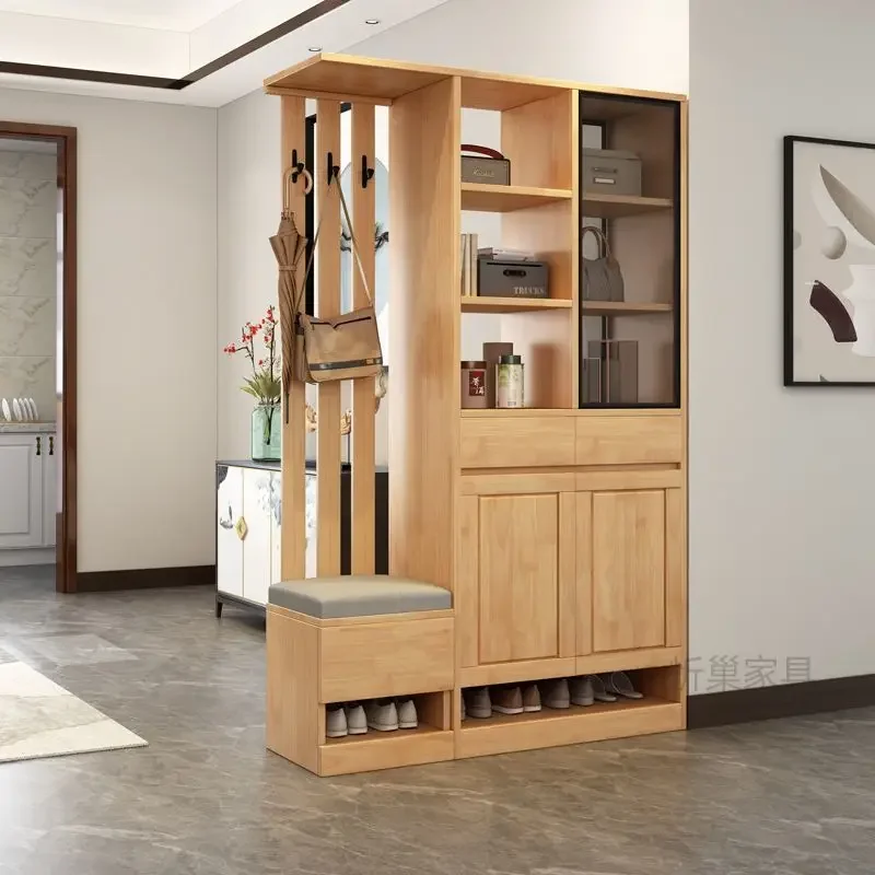 Modern simple all-solid wood living room partition cabinet Double-sided entrance entrance cabinet Shoe cabinet