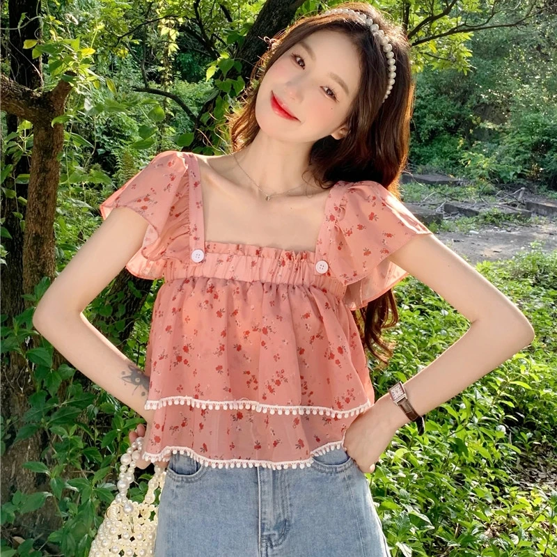 Blouses Women Floral Sweet Gentle Slim French Style Square Collar Tops All-match Fashion Tender Streetwear Aesthetic Clothing