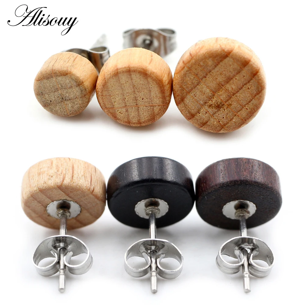 Alisouy 2PCS 6-8mm Unisex Brown Black Natural Wood Stainless Steel Push-back Women Men Ear Stud Earrings Tragus Piercing Jewelry