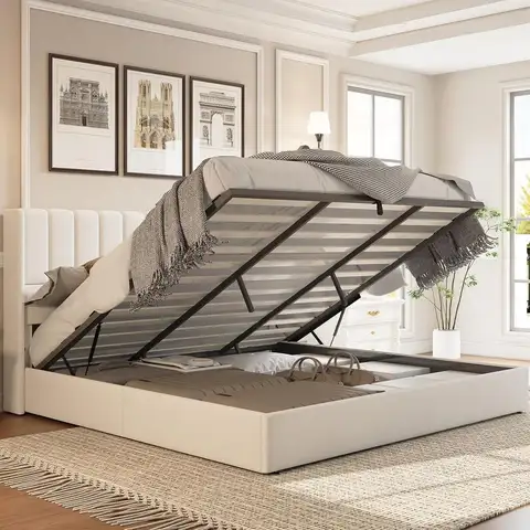 Linen-Covered King Size Storage Bed with Tufted Headboard, Hydraulic Lift, No Box Spring, Wood Slat Support, White