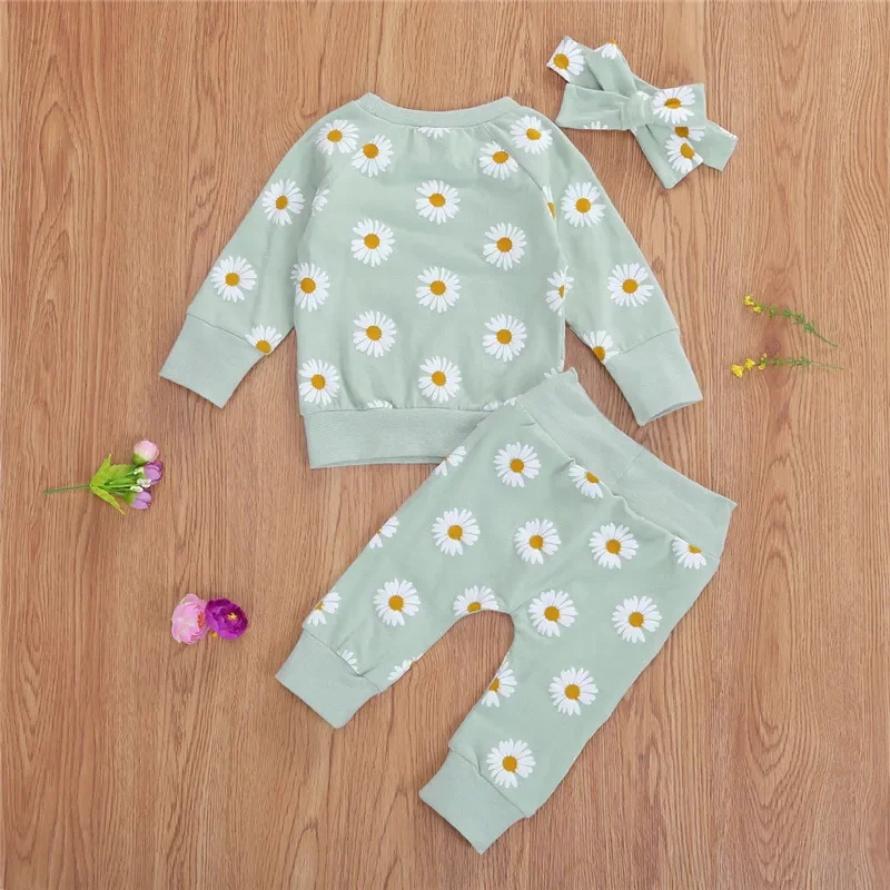 0-18months Girls Spring Autumn Clothes Set Floral Sweatshirts Pants Bow Outfit For Infant Girls
