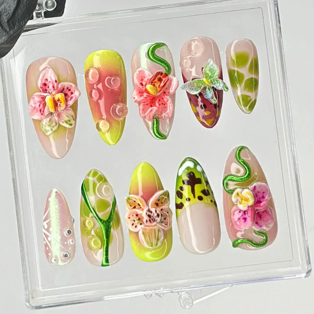 10Pcs Manicure Handmade Art Press on Nails Medium Almond Pattern ABS Nails 3D Flowers Style Design Nail with Set