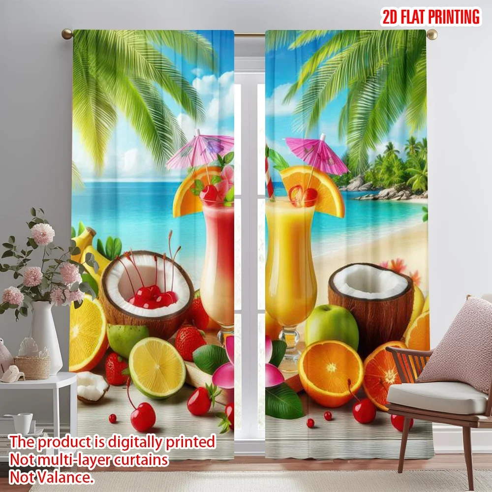 

2D flat printing 2pcs Scene Curtains Tropical Beach Cocktails Digital Printed Polyester Drapes Birthday Party for living room