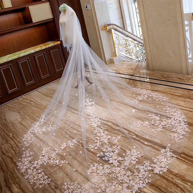 Luxury Pink Lace Flower 350cm Long Bridal Veils For Church Wedding Soft Tulle Double Layers Cathedral Wedding Veil Tail Custom