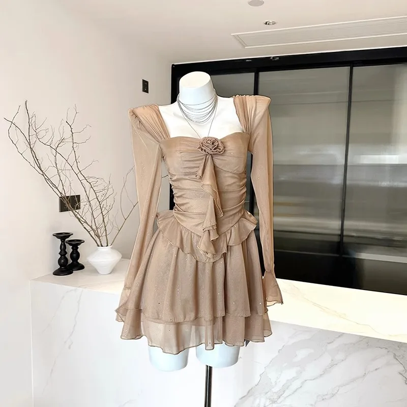 Ruffle Sparkling Cake Short Dress with Elegant Thin Long Sleeve Dress-Korea Fashion Women Spring New Dresses 2024