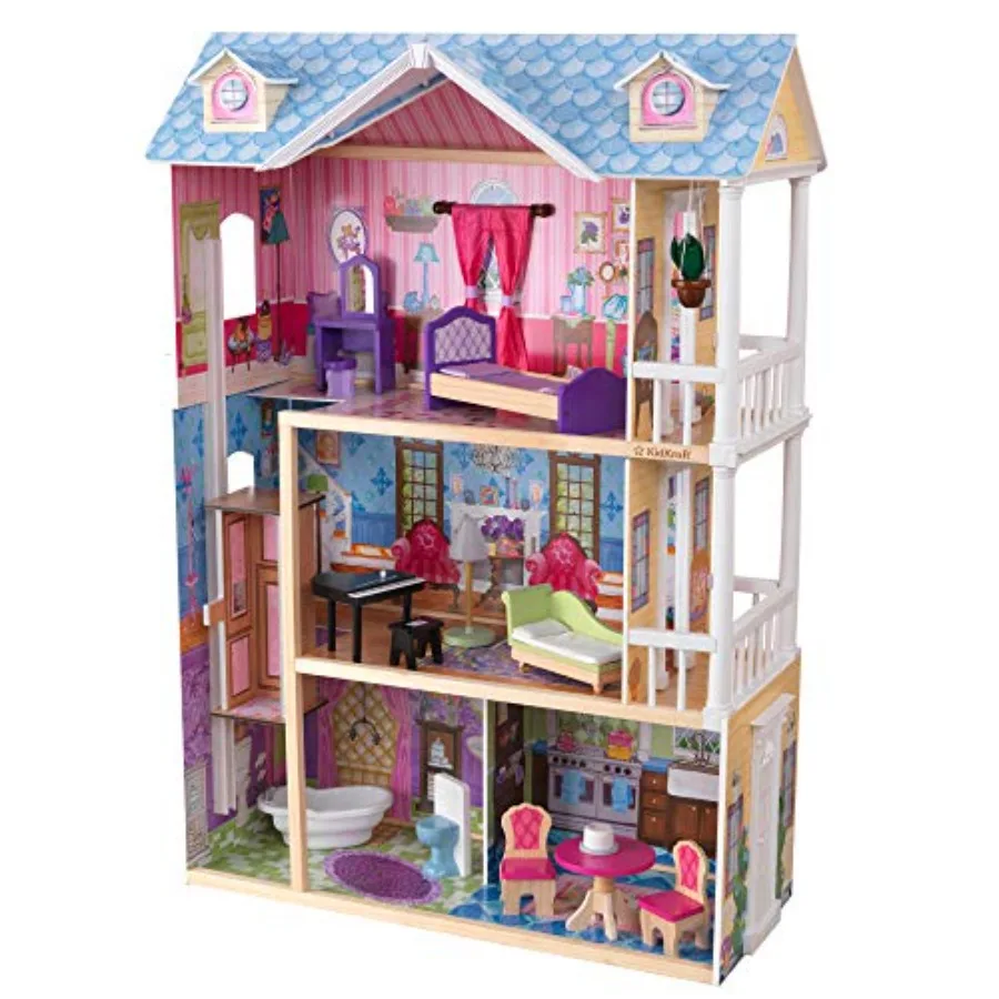 

Wooden Dollhouse with Lights and Sounds, Elevator and 14 Accessories, Gift for Ages 3+
