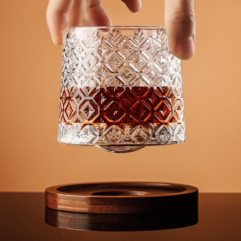 1PC Tumbler Whiskey Glass with Base Crystal Whiskey Glasses Rotating Spinning Wine Brandy Glass Cup Drinkware for Bar