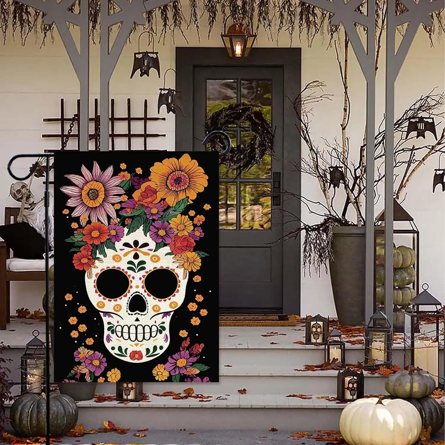 Baccessor Day of the Dead Garden Flag Floral Skull mini 12.5 x 18 Inch Double Sided Burlap Mexican Dia De Los Muertos Yard Flag